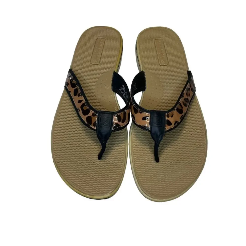 Sperry Top Sider Leather Flip Flop Sandals Tan Black Leopard Print Size 8m Comfy
